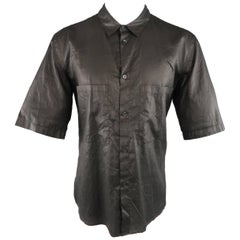 MARNI Size L Black Wrinkled Coated Cotton Short Sleeve Shirt