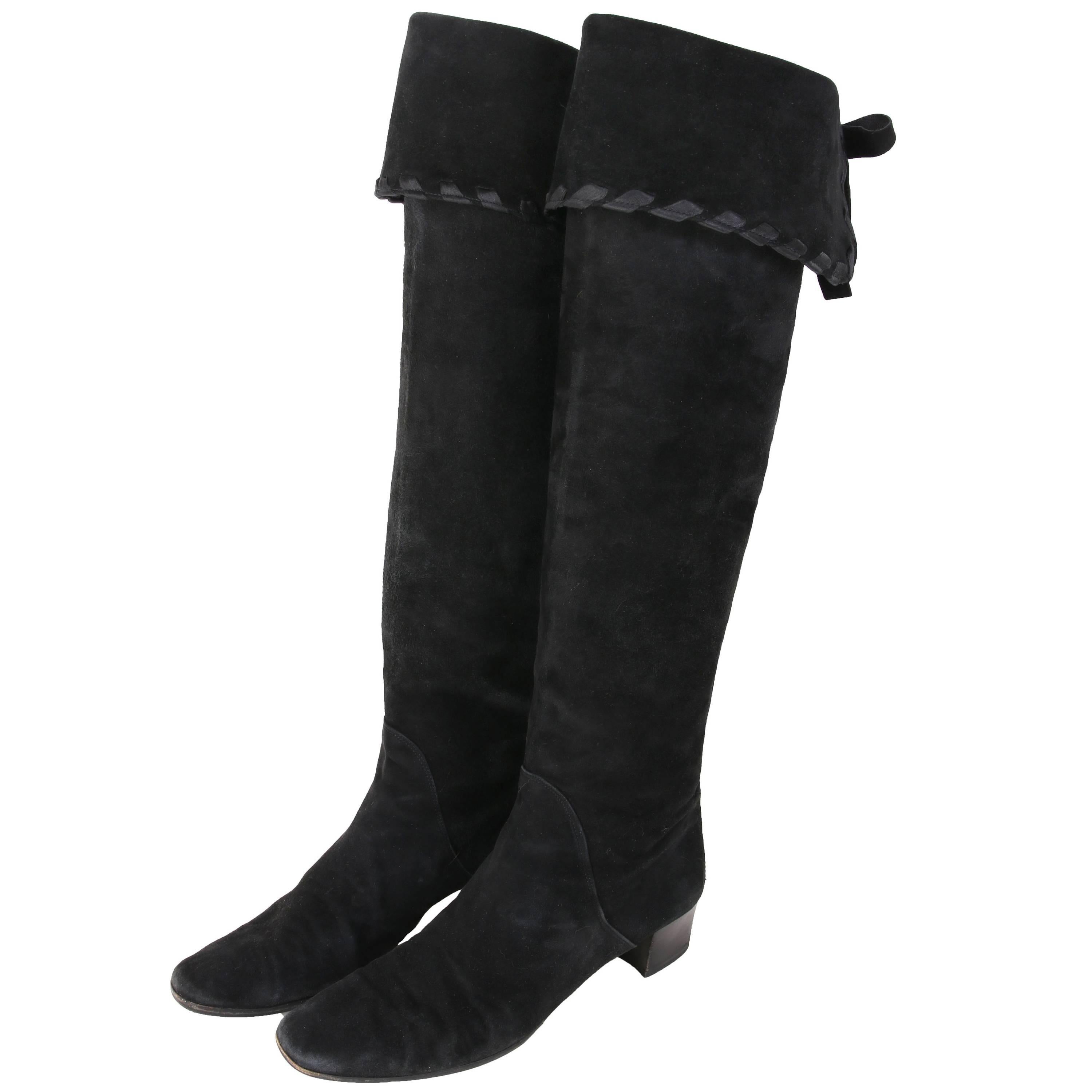 Yves Saint Laurent Vintage Black Suede Thigh-High Boots For Sale