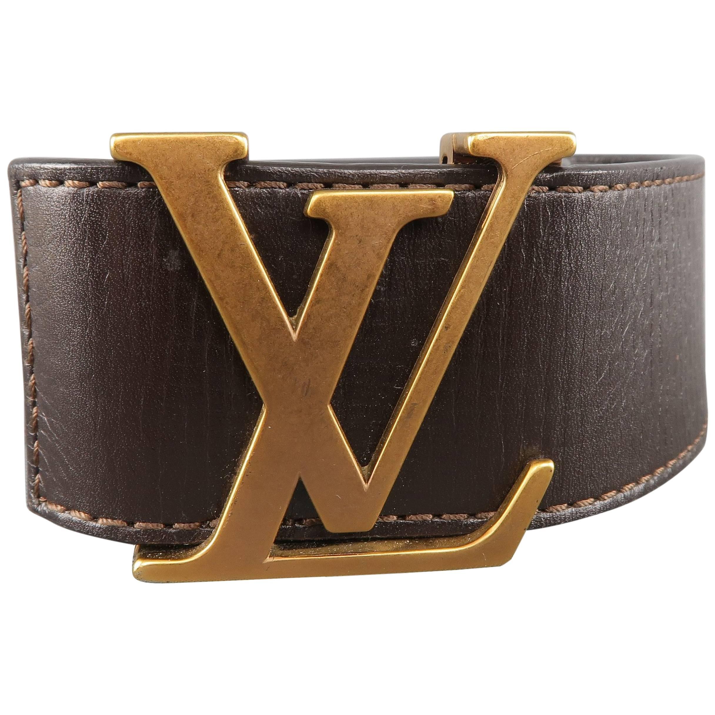 LOUIS VUITTON Black Leather Buckle Belt with Gold LV Logo Size 85 CM Length