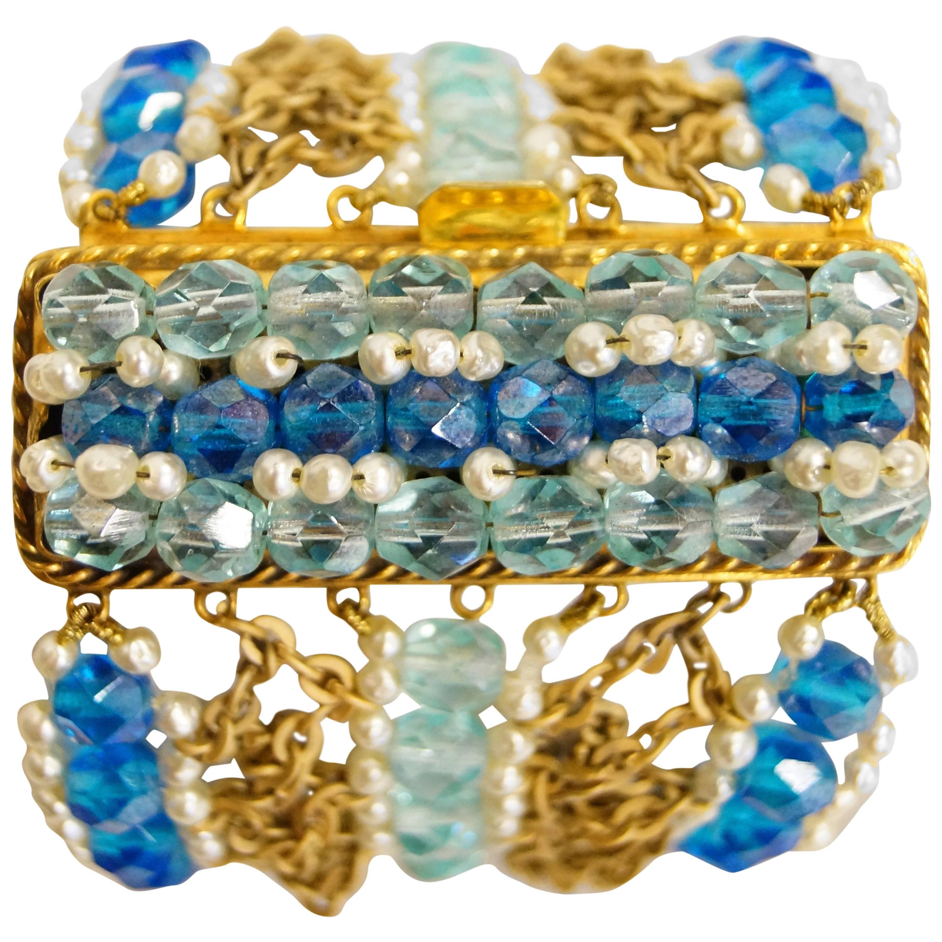 Rare 1960s Coppola e Toppo Blue Crystal and Pearl Bronze Bracelet For Sale