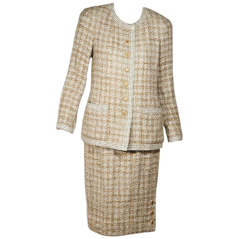 Tan & White Vintage Chanel Tweed Wool Skirt Suit