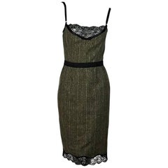 Olive Green D&G Plaid Wool & Lace Sheath Dress