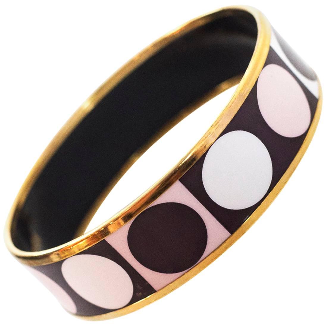 Hermes Brown, Pink & White Dot Wide Enamel Bangle  Bracelet Sz 65/Small