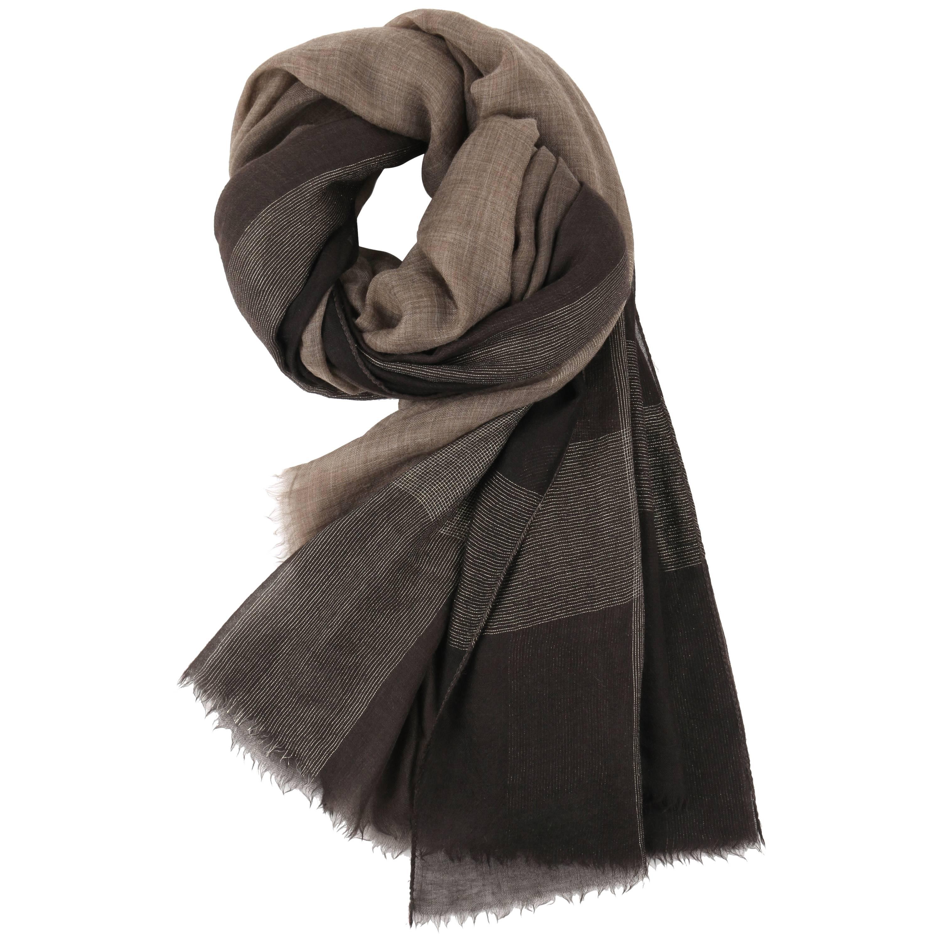 Brunello Cucinelli Cashmere A/W 2013 Brown Cashmere Ombre Plaid Large Wrap Scarf