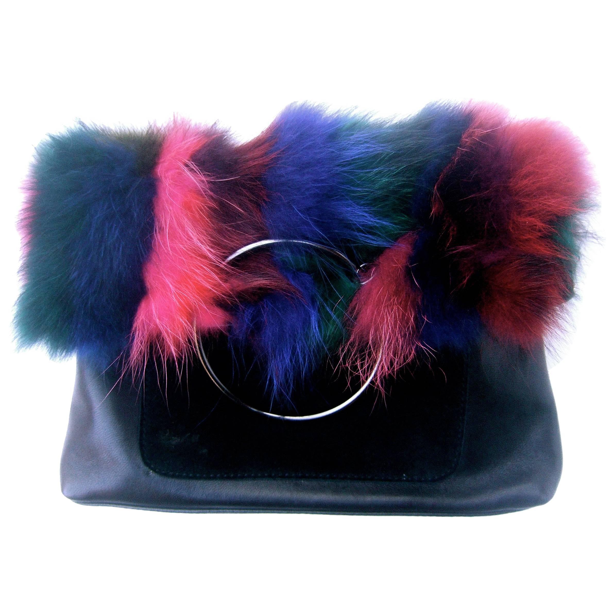 Dyed Fox Fur Black Leather and Suede Handbag Designed by Sondra Roberts 