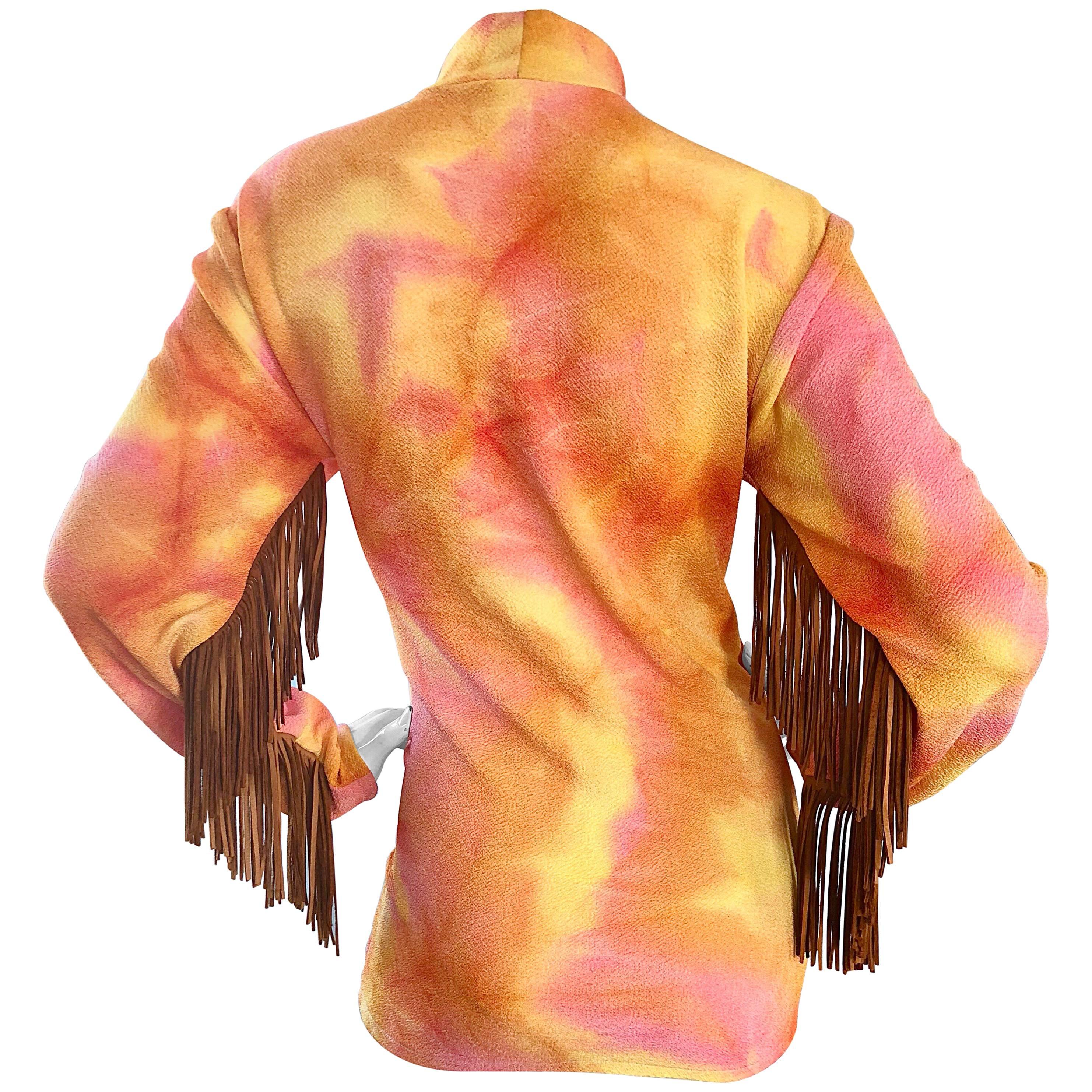 Pink and Orange Tie Dyed Suede Leather Vintage Fringe Tunic, 1970s  For Sale