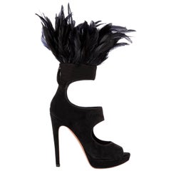 Azzedine Alaia Black Suede Peep Toe Platform Pumps With Feather Trim, Fall 2010