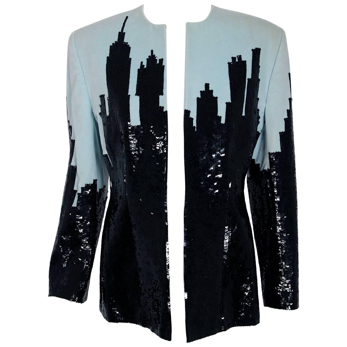 1990 Marc Jacobs for Perry Ellis Cityscape Sequin Embroidered Velvet Jacket 