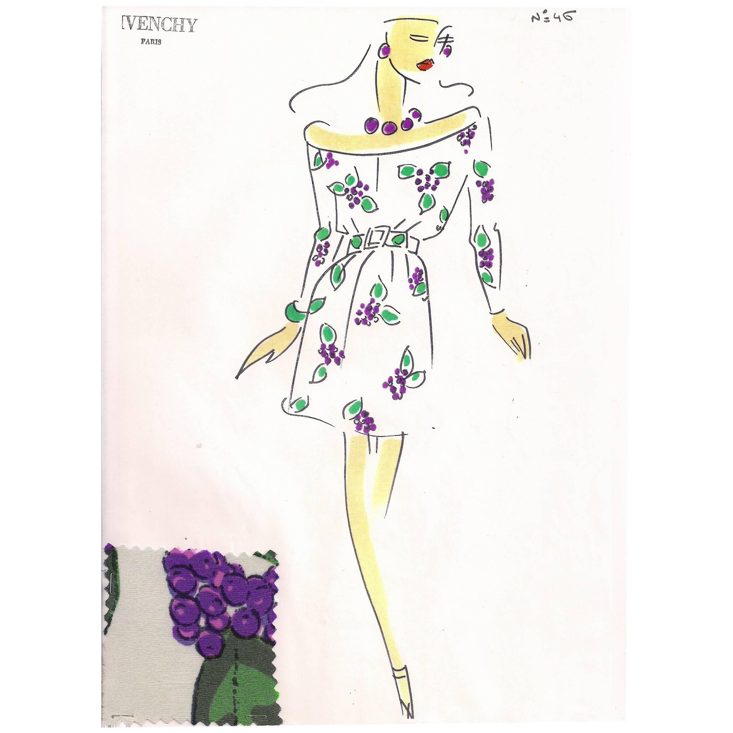 Givenchy Croquis of a Silk Grape Print Dress with Attached Fabric Swatch