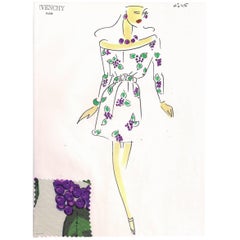 Givenchy Croquis of a Silk Grape Print Dress with Attached Fabric Swatch