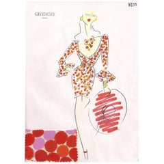 Givenchy Croquis of a Polka Dot Cocktail Dress with Attached Fabric Swatch
