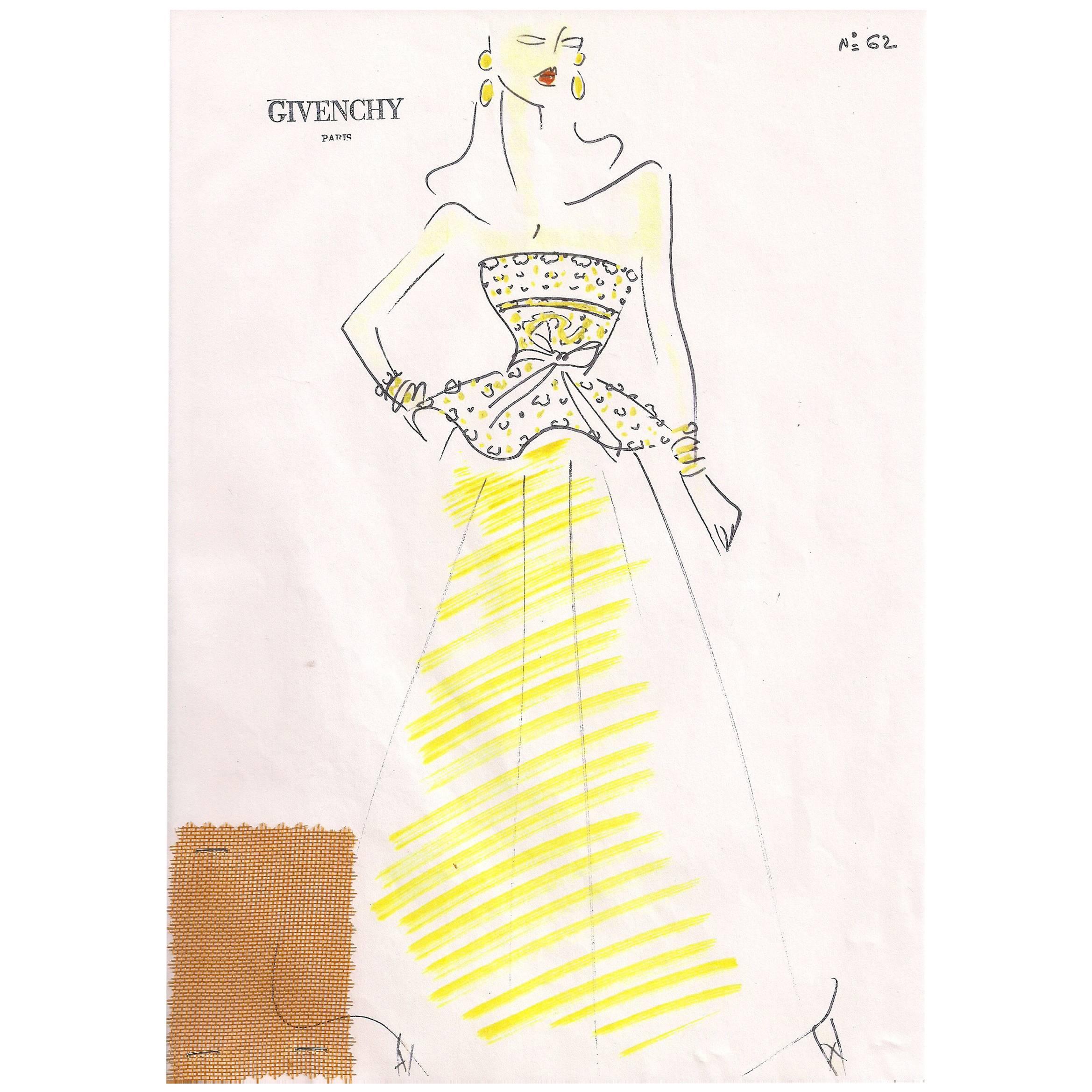 Givenchy Croquis of a Yellow Evening Gown with Attached Fabric Swatch