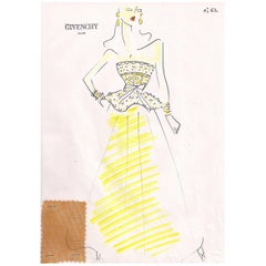 Givenchy Croquis of a Yellow Evening Gown with Attached Fabric Swatch