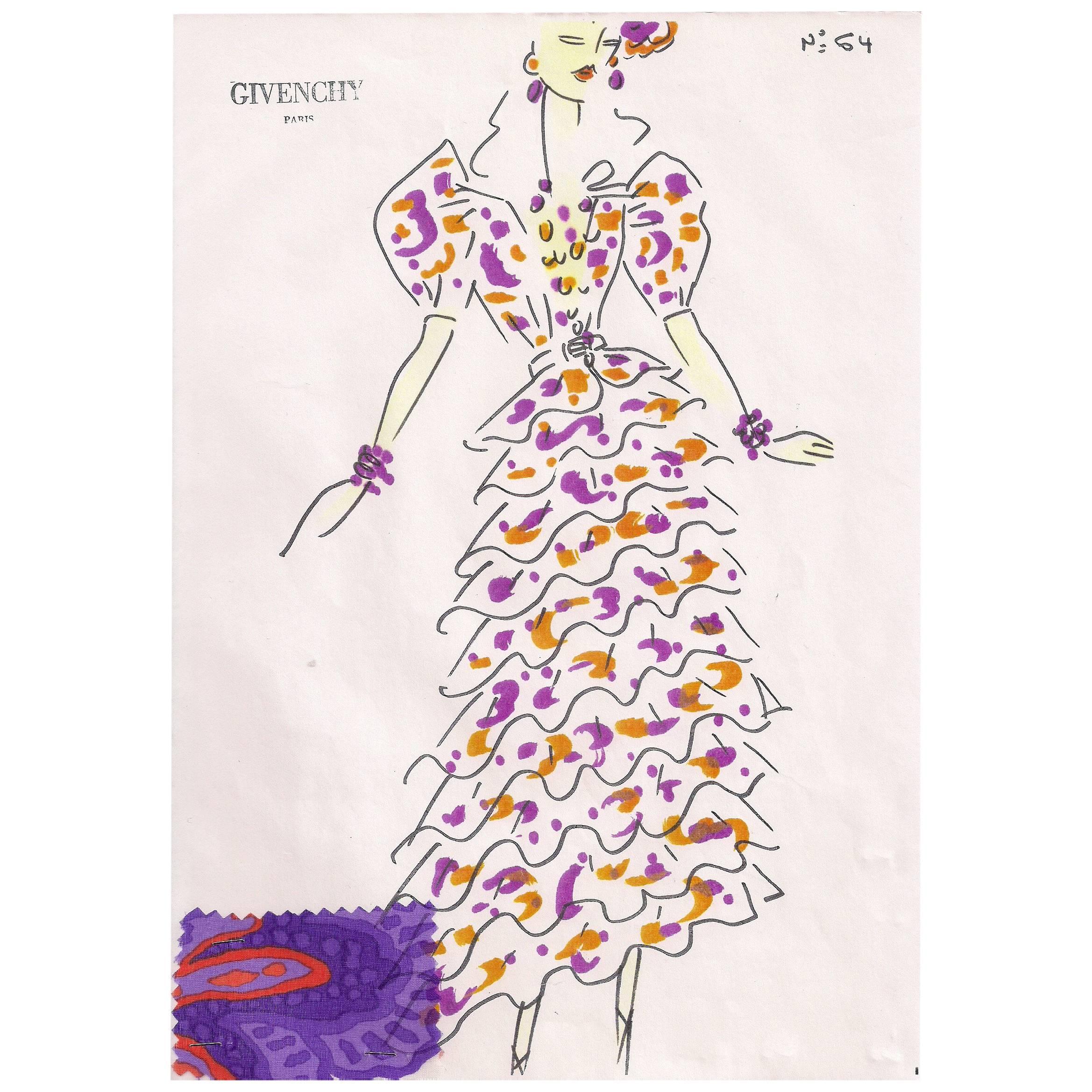 Givenchy Croquis of Ruffled Silk Print Evening Gown with Attached Fabric Swatch