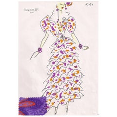 Givenchy Croquis of Ruffled Silk Print Evening Gown with Attached Fabric Swatch