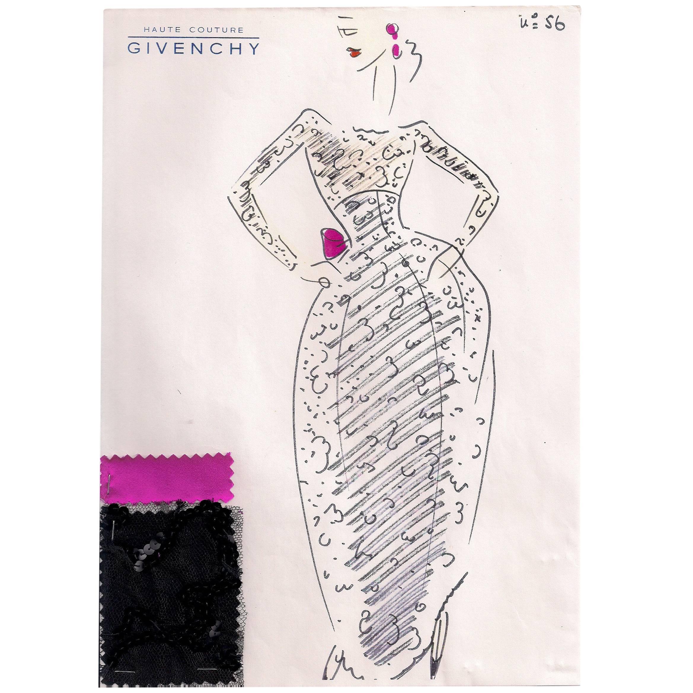 Givenchy Croquis of a Beaded Lace Evening Gown with Shocking Pink Bow