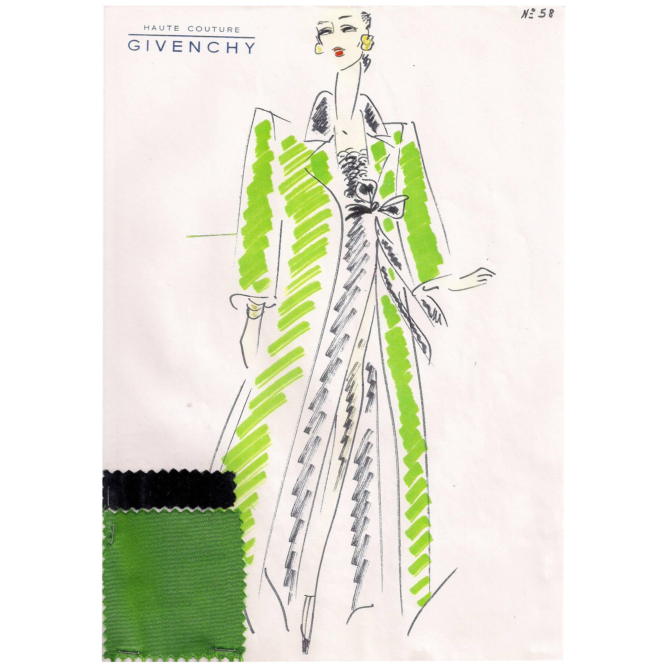 Givenchy Croquis of a Bright Green Evening Coat and Black Evening Dress