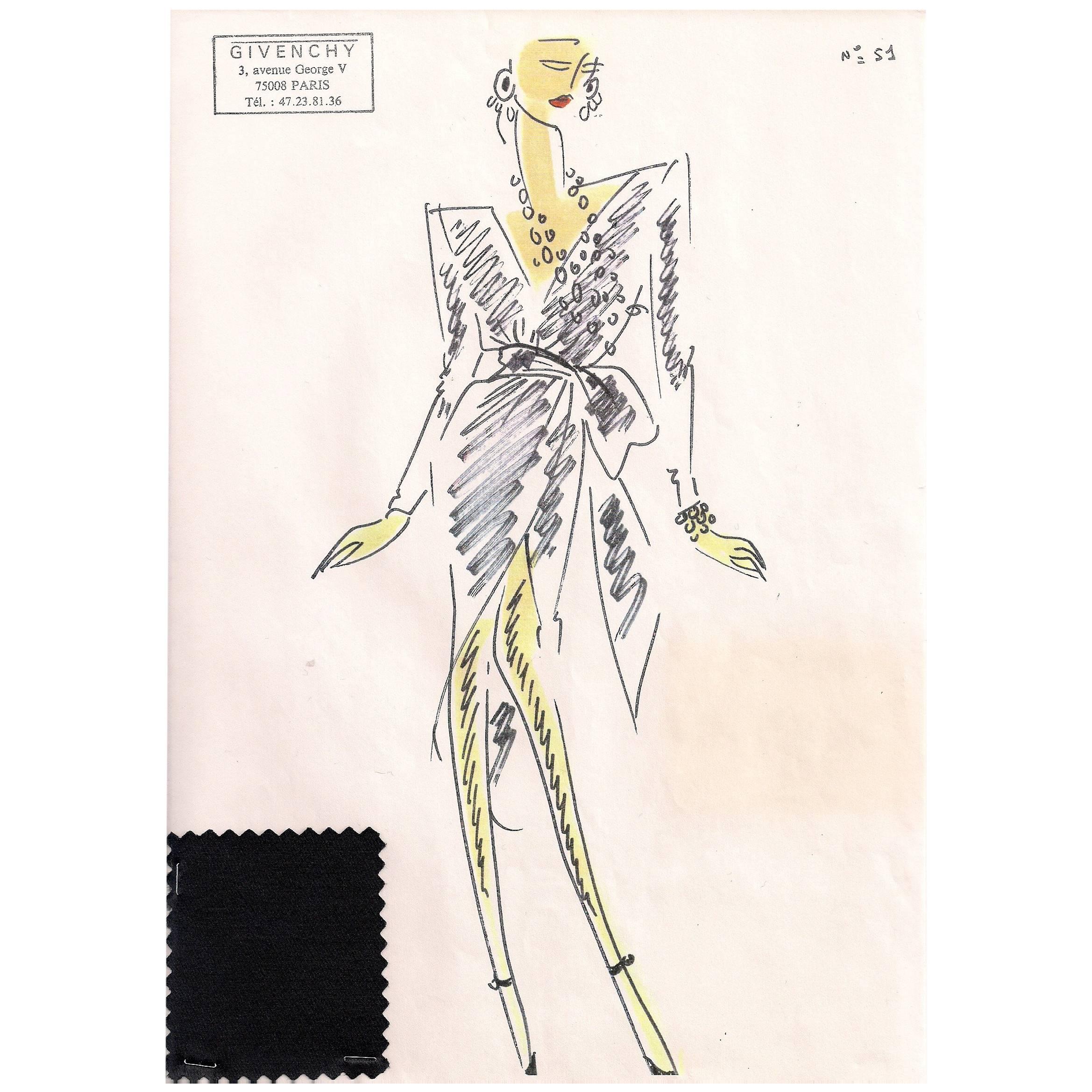 Givenchy Croquis of a Wrap Style Evening Dress with Attached fabric Sample