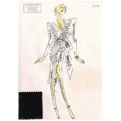 Givenchy Croquis of a Wrap Style Evening Dress with Attached fabric Sample