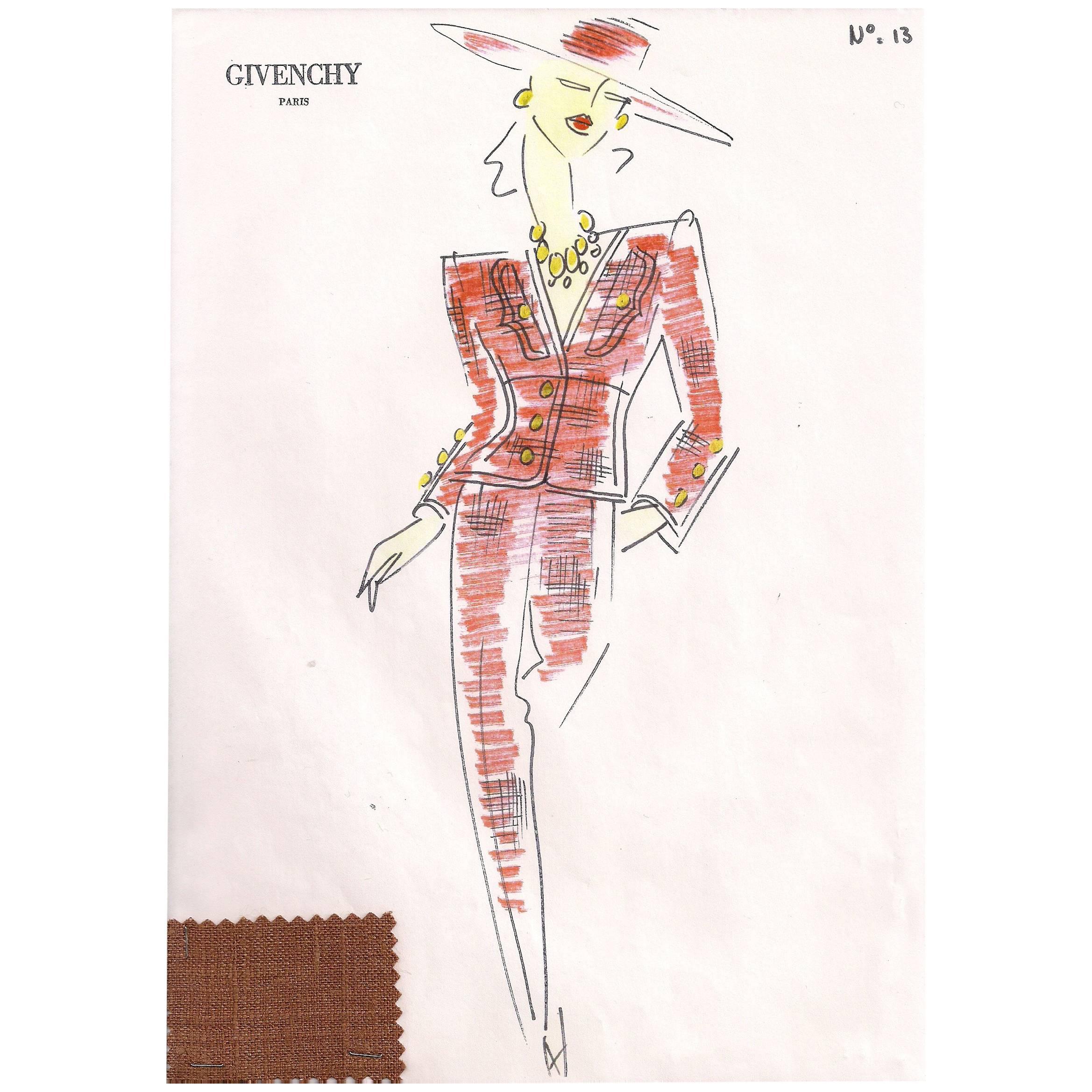 Givenchy Croquis of a Red Suit and Broad Brimmed Hat with Attached Fabric Sample