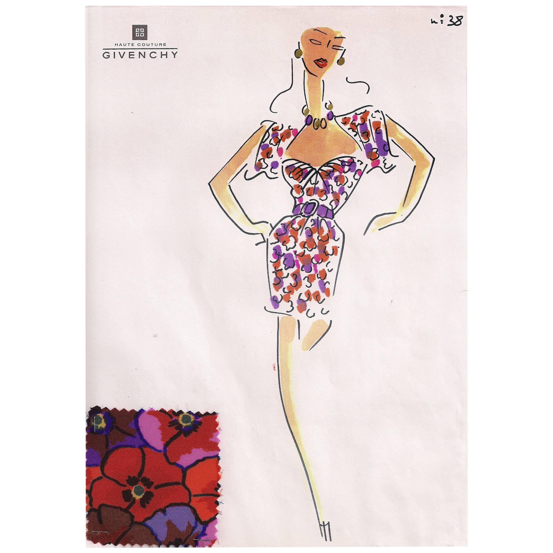 Givenchy Croquis of a Floral Silk Cocktail Dress with Attached Fabric Sample