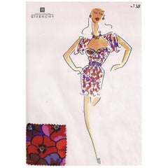 Givenchy Croquis of a Floral Silk Cocktail Dress with Attached Fabric Sample