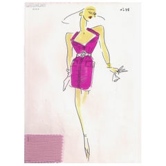 Vintage Givenchy Croquis of a Schocking Pink Cocktail Dress with Attached Fabric Sample
