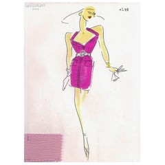 Givenchy Croquis of a Schocking Pink Cocktail Dress with Attached Fabric Sample