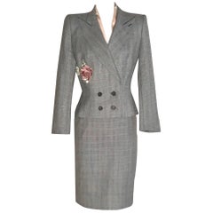Alexander McQueen Black and White Plaid Embroidered Rose Skirt Suit, 1990s