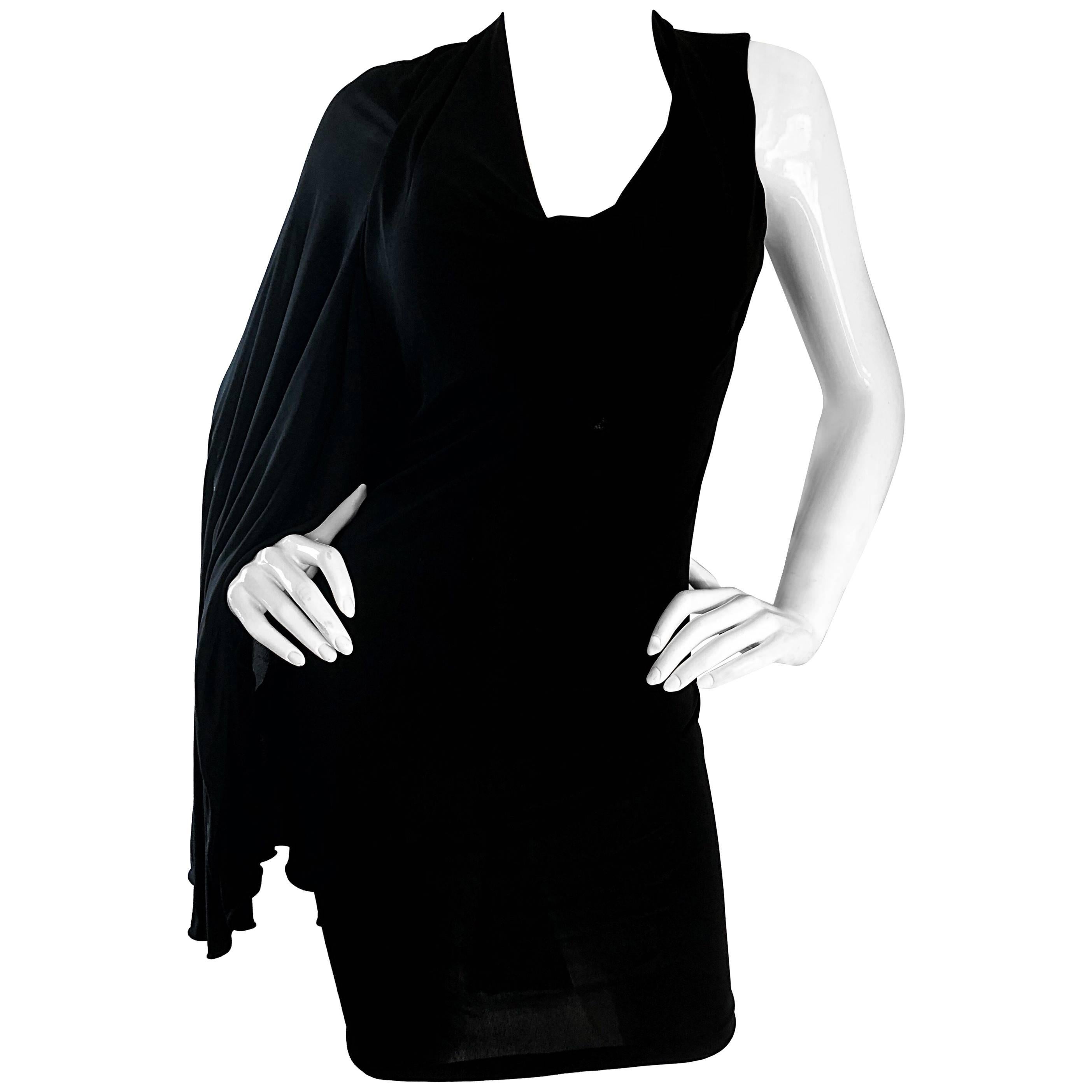 NWT Vintage Early 2000s Halston One Shoulder Black Jersey Grecian Mini Dress