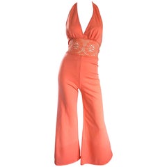 1970s Coral Pink Knit Crochet Cut Out One Piece Bell Bottom Retro 70s Jumpsuit