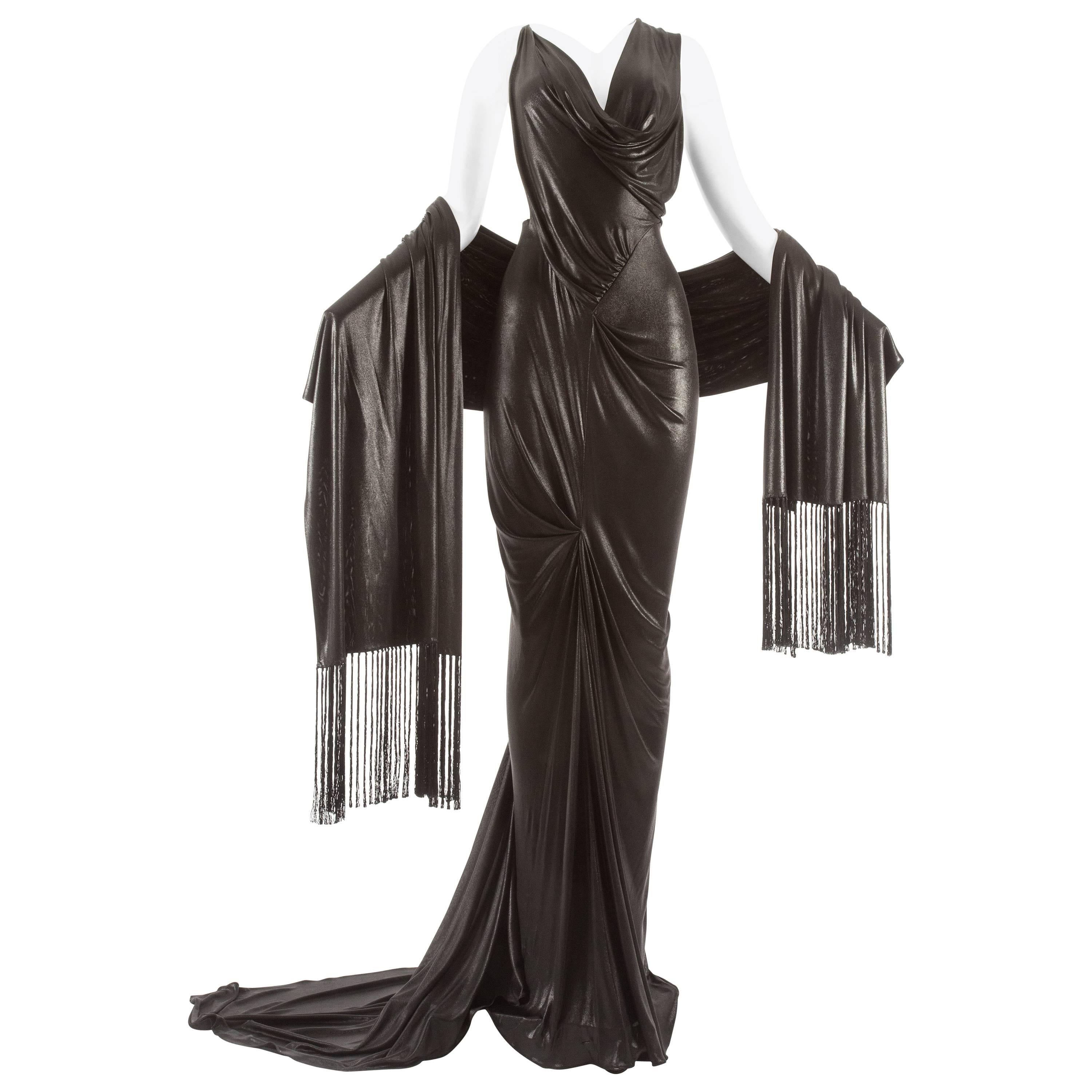 John Galliano backless black evening gown with fringed shawl 
