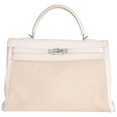 Used Hermes Kelly 35 Toile and Leather Bag 