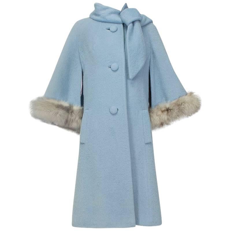 Lilli Ann Paris Powder Blue Fox Trim Ulster Swing Coat, 1950s