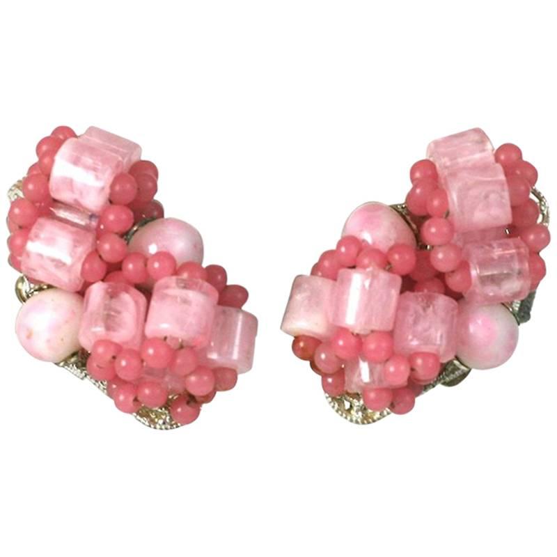 Miriam Haskell Pale Pink Beaded Earclips  For Sale