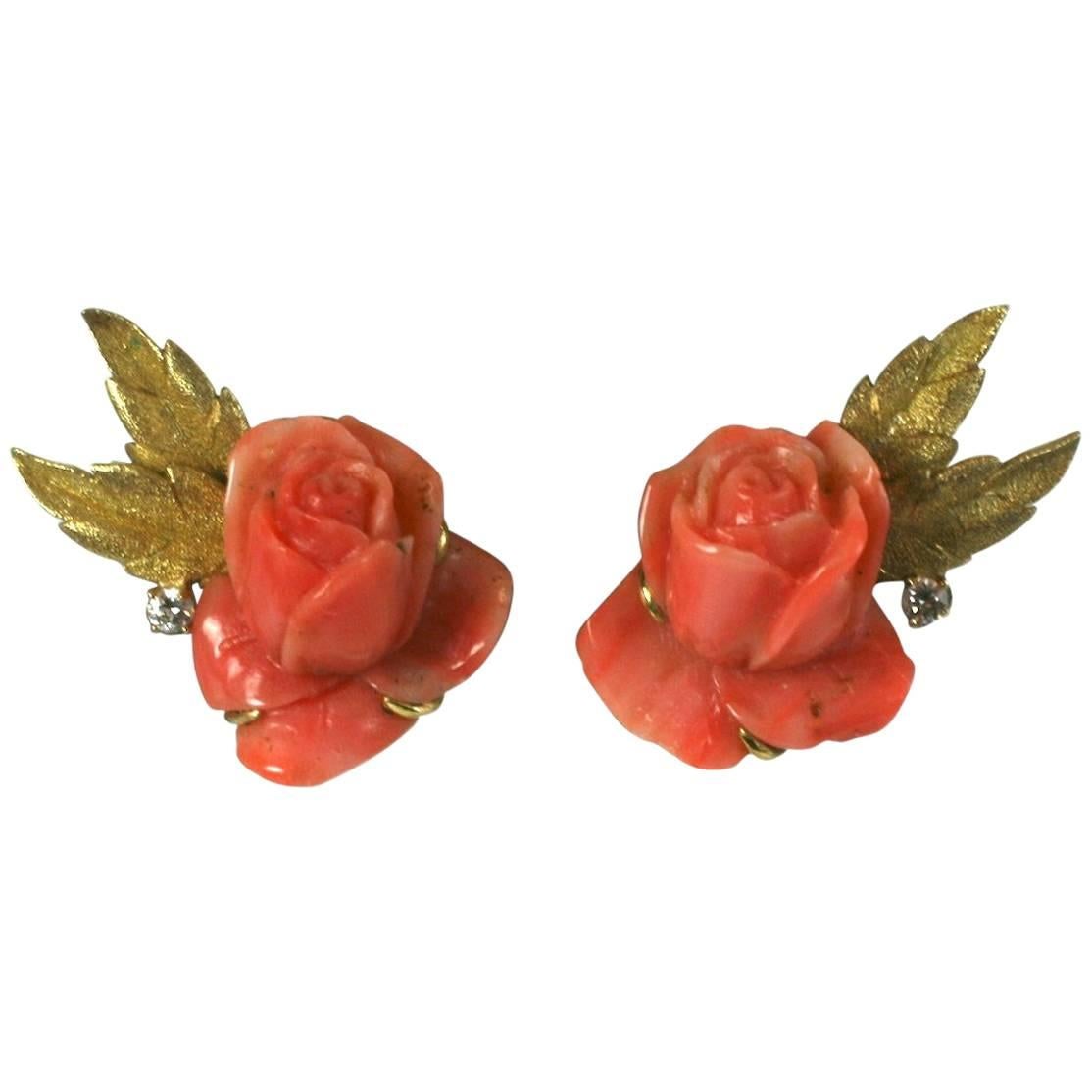 Carved Coral Rose Earclips For Sale