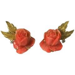 Used Carved Coral Rose Earclips