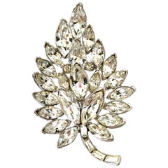 60'S Silver Austrian Crystal Clear Rhinestone Leaf Brooch