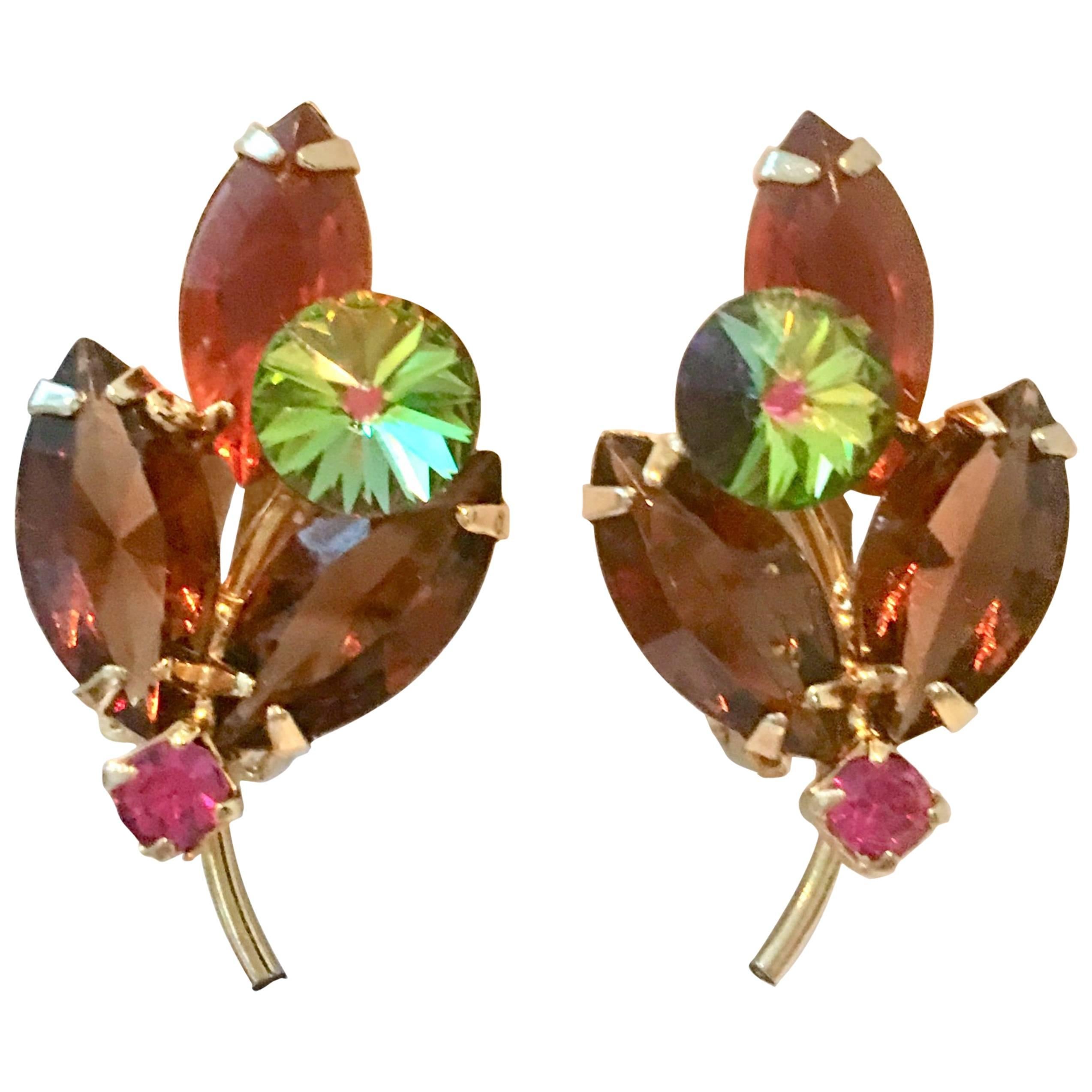1960'S Pair Of Gold & Austrian Crystal Abstract Flower Earrings For Sale