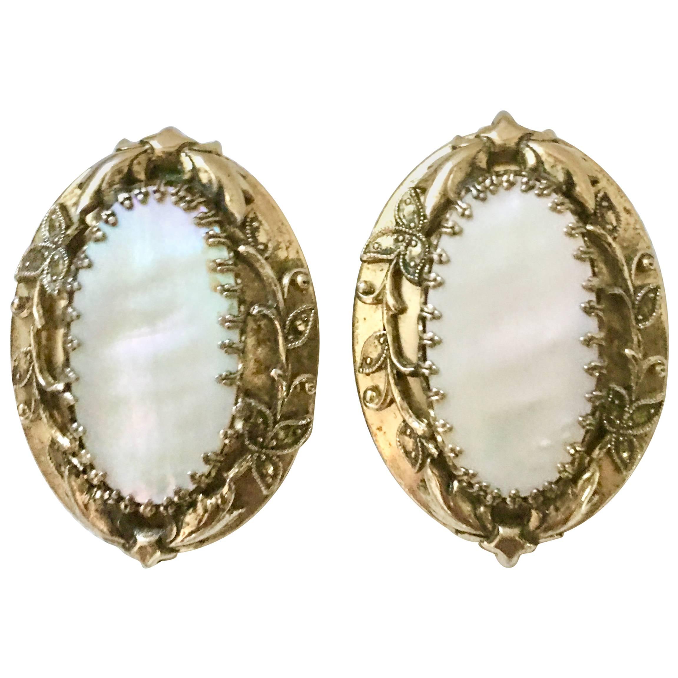 70's Art Nouveau Style Gold & Mother Of Pearl Earrings By, Whiting & Davis For Sale