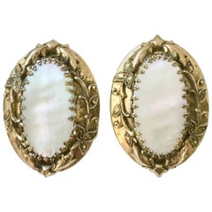 70's Art Nouveau Style Gold & Mother Of Pearl Earrings By, Whiting & Davis