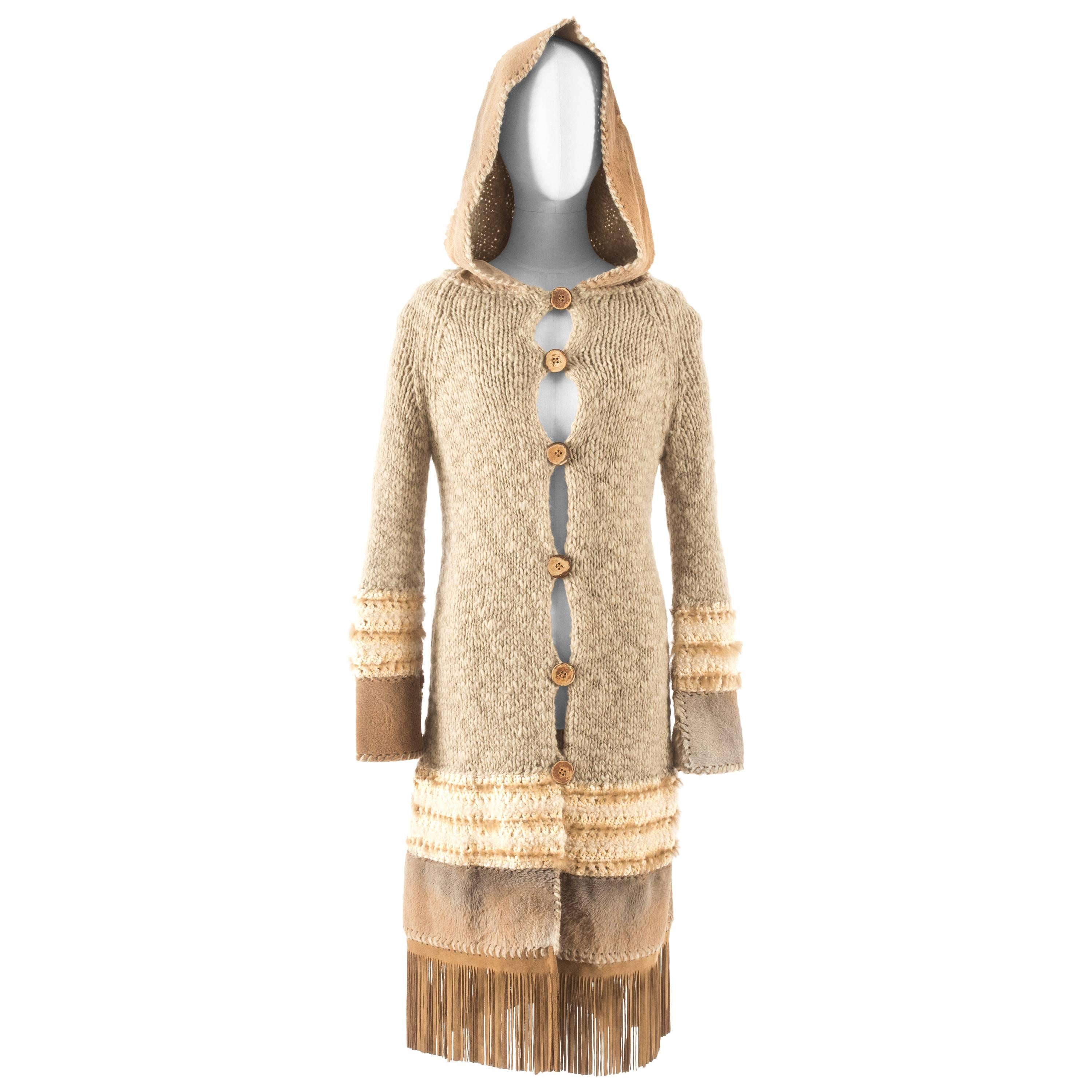 Christian Dior hooded oatmeal knitted jacket with rabbit fur and suede tassels 