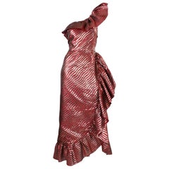 1980's Anonymous One-Shouldered Ruffled Red & Gold Gown