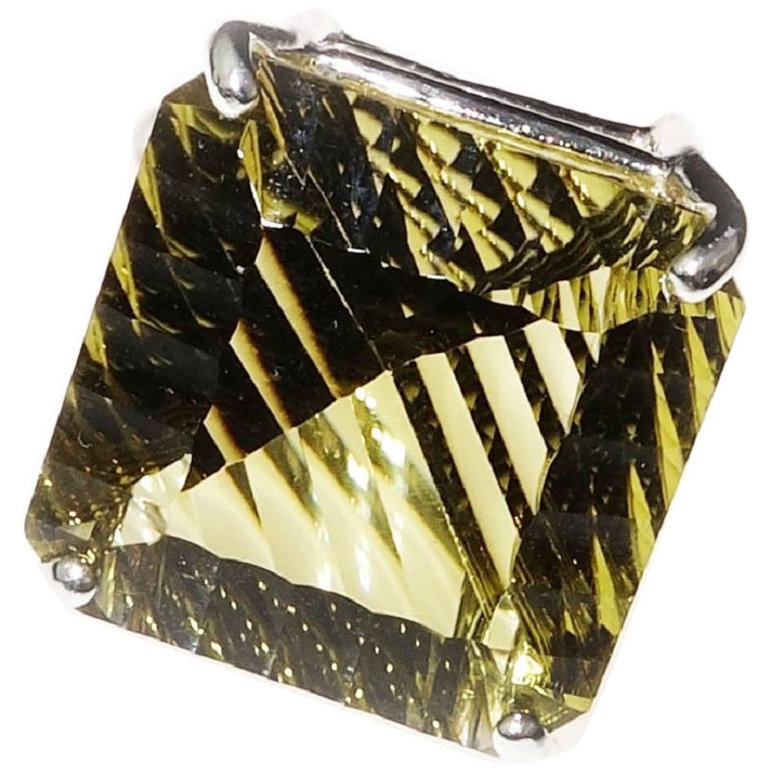 Square Brazilian Fancy Cut Green Gold Quartz and Sterling Silver Ring