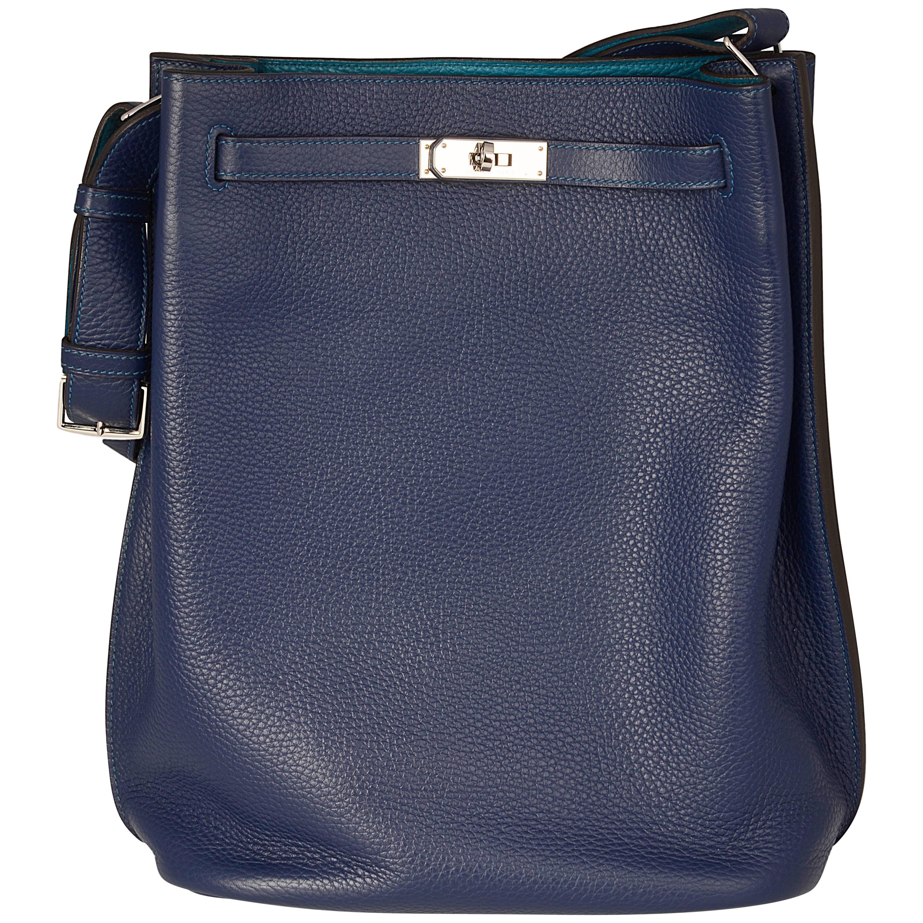 Hermes Blue Izmir Clemence Leather 26cm So Kelly Bag
