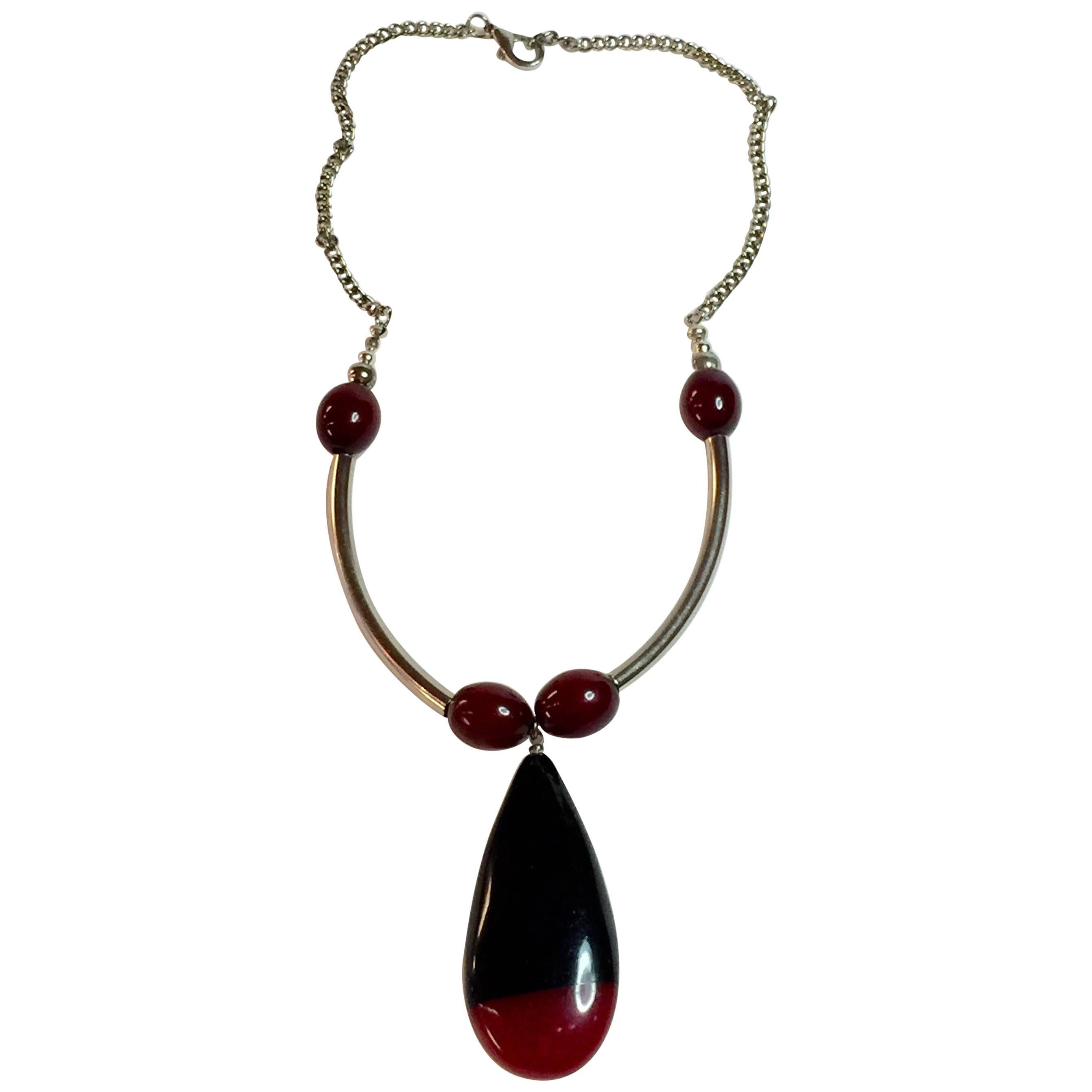 1930s Art Deco German Red Black Galalith Chrome Necklace Jacob Bengel For Sale
