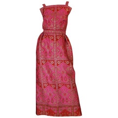 Unusual 1960s Backless Pink & Gold Metallic Brocade Dress