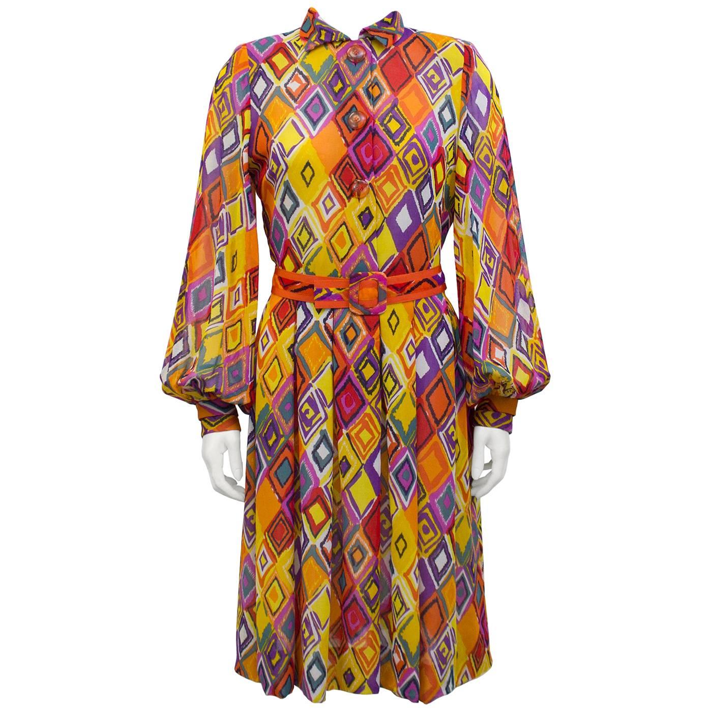 1970s Pauline Trigere Multi-Color Shirt Dress