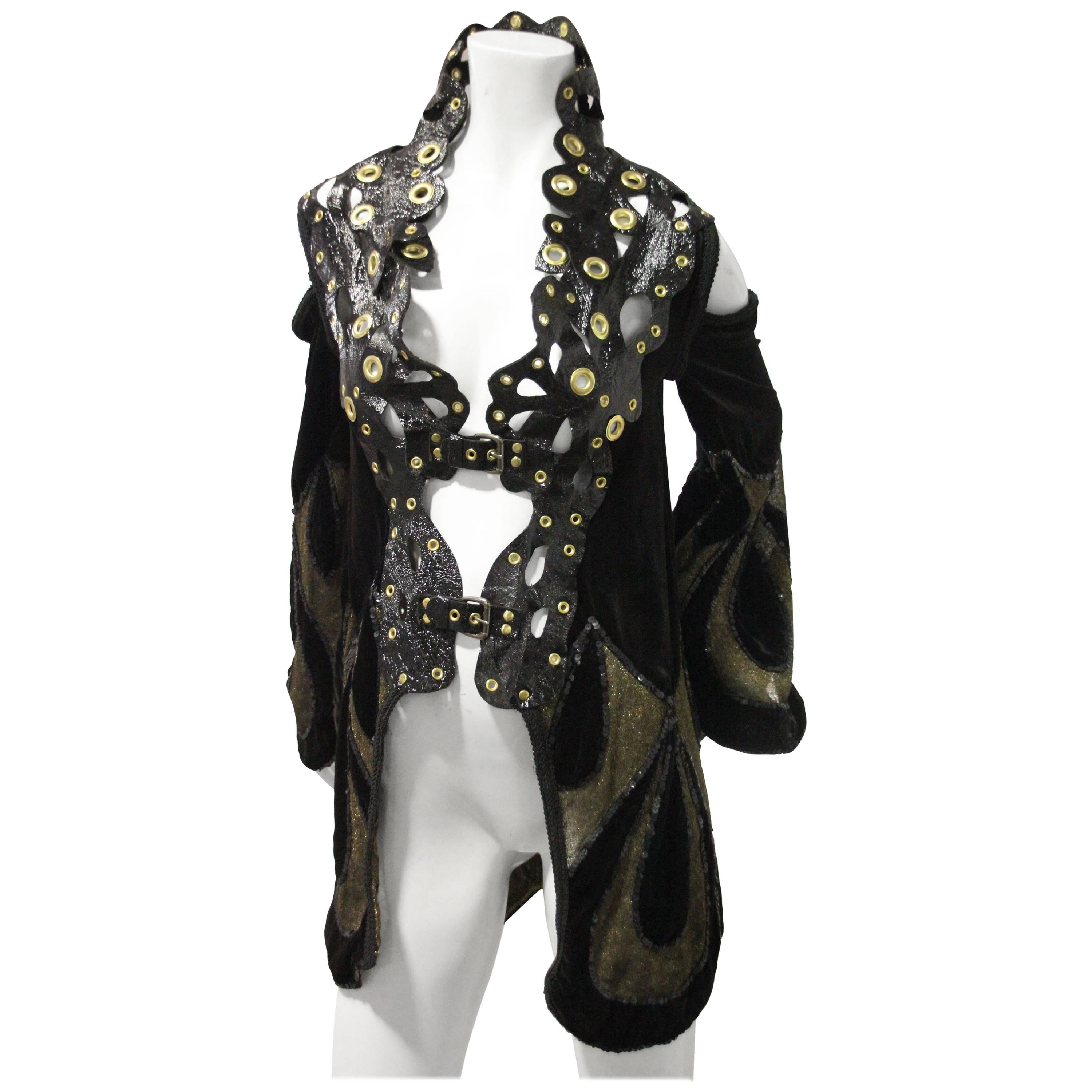 Avant Garde Reconstructed Art Deco Opera Coat with Patent Leather High Collar