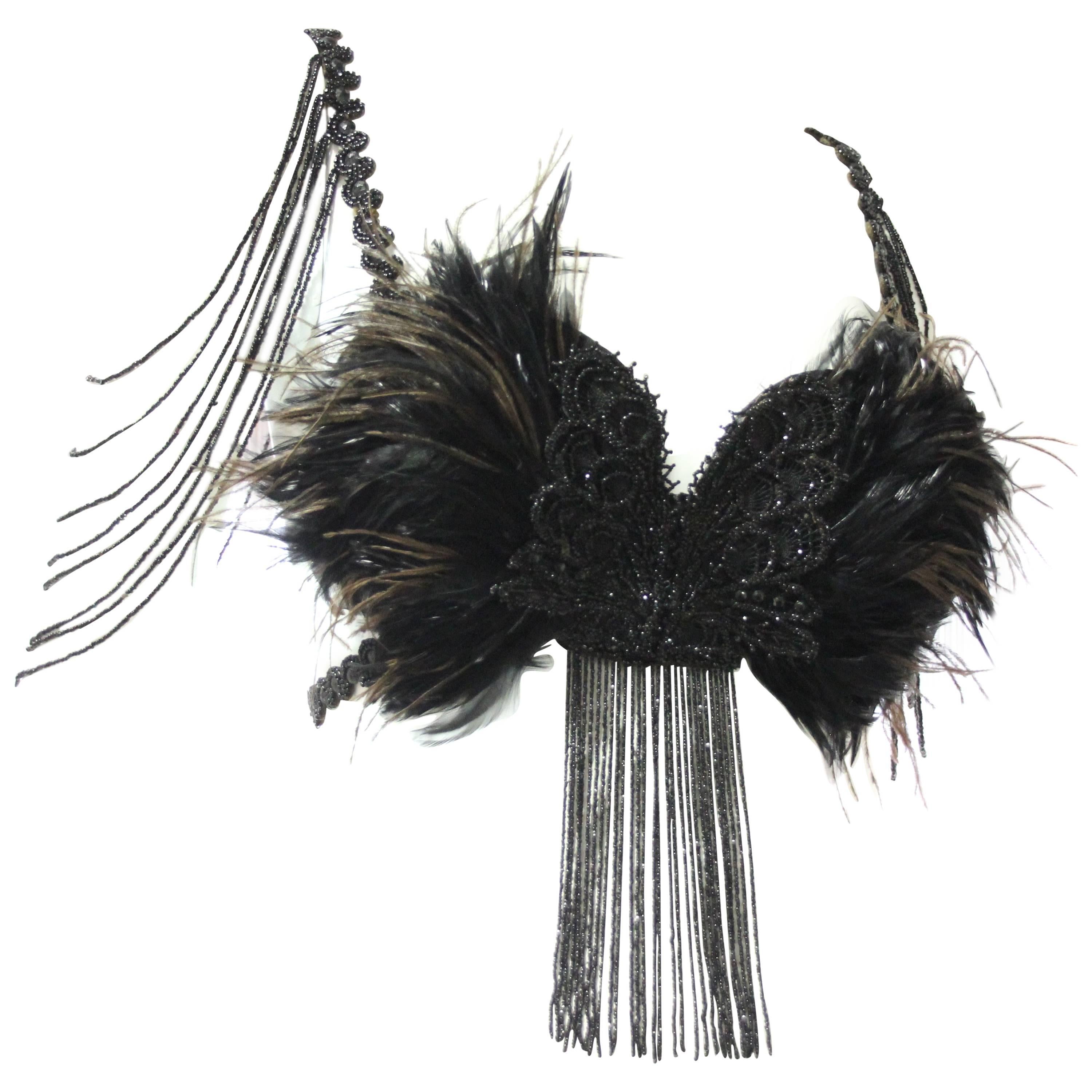 Burlesque Bralette Constructed of Victorian Jet Beadwork and Fringe & Feathers